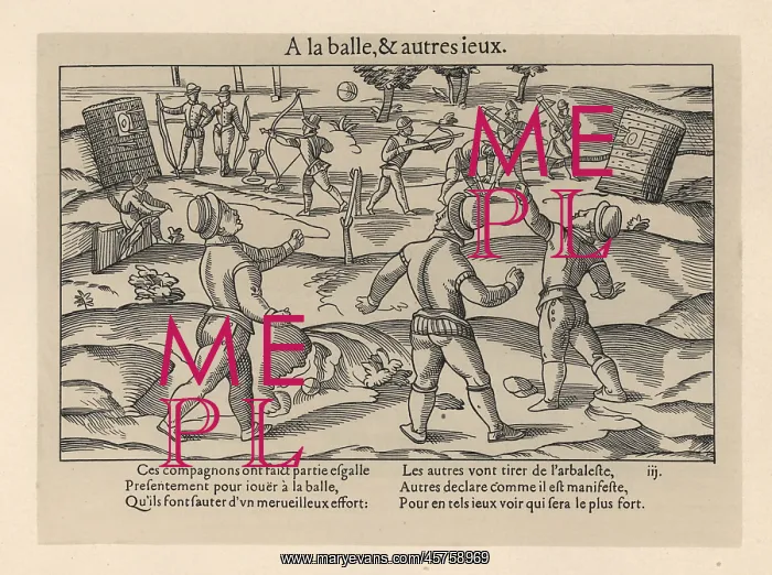 : Medieval men playing ball games and archery in a park : Medieval men playing ball games and archery in a park