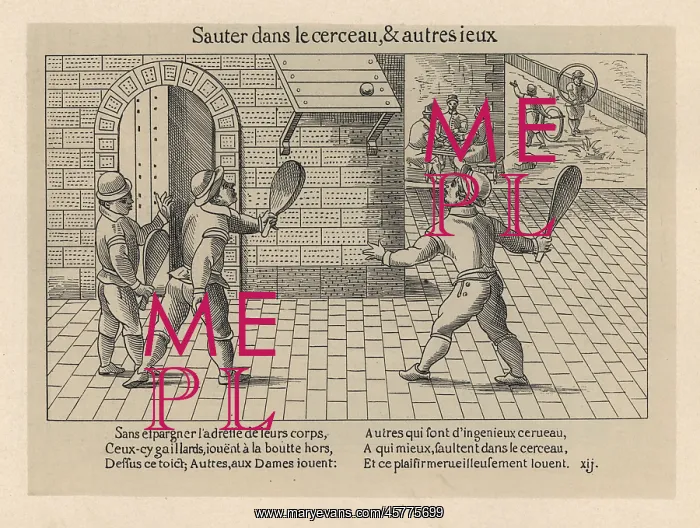 : Medieval men playing wall tennis, checkers and hoops : Medieval men playing wall tennis, checkers and hoops