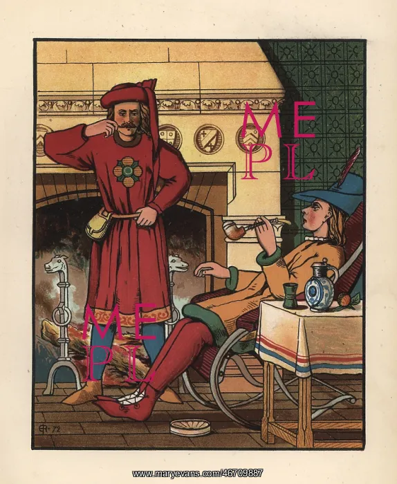 : Medieval men smoking and drinking in front : Medieval men smoking and drinking in front