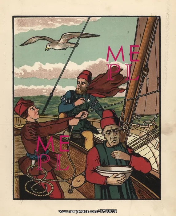 : Medieval sailors on a sailboat : Medieval sailors on a sailboat