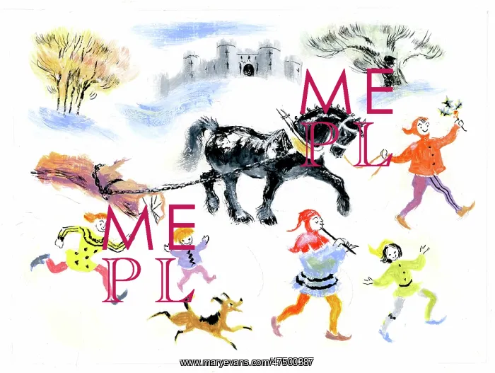 : Medieval scene of horse dragging Yule Log : Medieval scene of horse dragging Yule Log