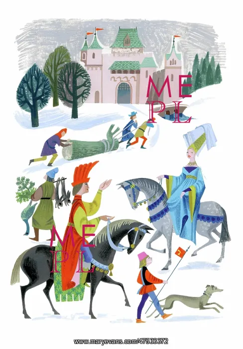: Medieval snow scene with lady and gentleman : Medieval snow scene with lady and gentleman