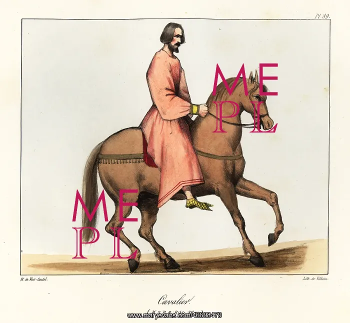 : Medieval soldier in long tunic on horseback : Medieval soldier in long tunic on horseback