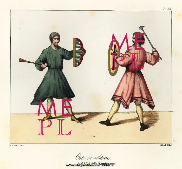 : Medieval soldiers with axe and shield, tunic and shoes : Medieval soldiers with axe and shield, tunic and shoes