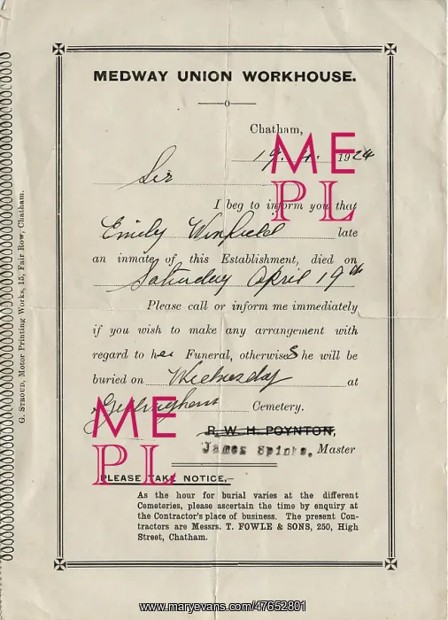 : Medway Union Workhouse Death Notice : Medway Union Workhouse Death Notice
