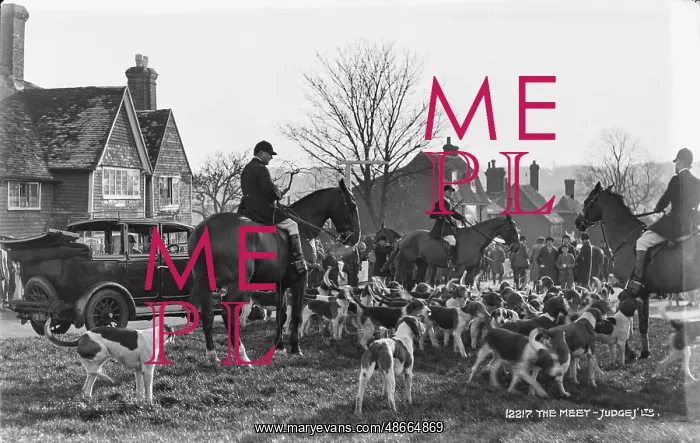 : The Meet. This historical black-and-white photograph captures a lively : The Meet. This historical black-and-white photograph captures a lively