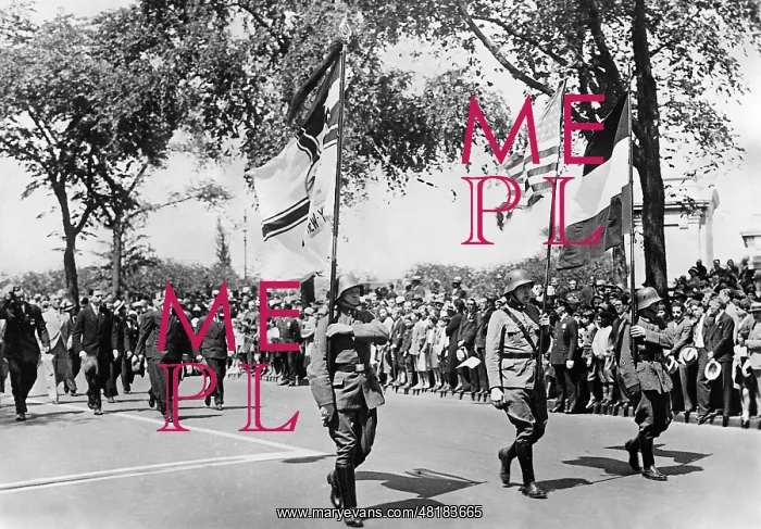 : Members of the Stahlhelm at a parade for America's fallen be : Members of the Stahlhelm at a parade for America's fallen be