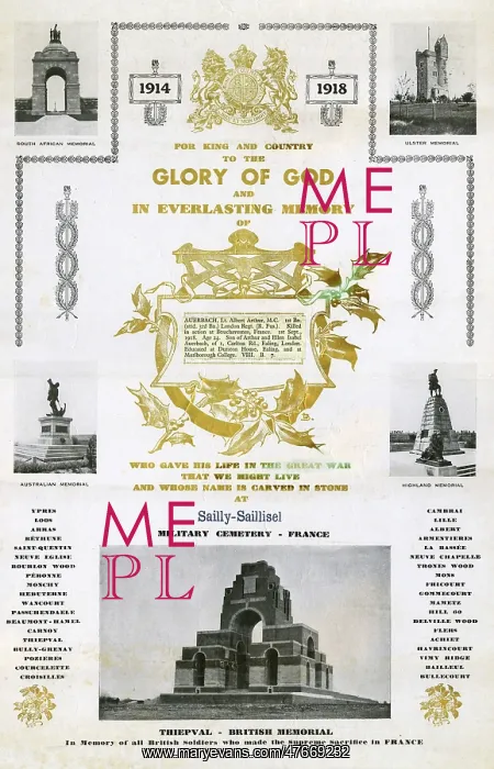 : Memorial certificate for Lieutenant Albert Auerbach, WW1 : Memorial certificate for Lieutenant Albert Auerbach, WW1