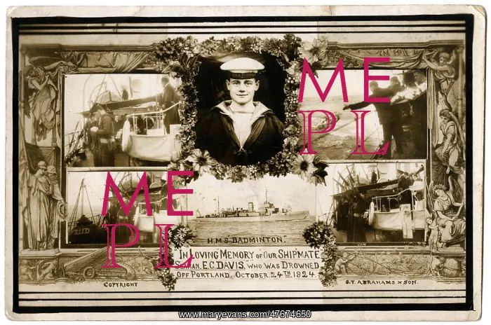 : Memorial postcard, Seaman E C Davis, HMS Badminton : Memorial postcard, Seaman E C Davis, HMS Badminton