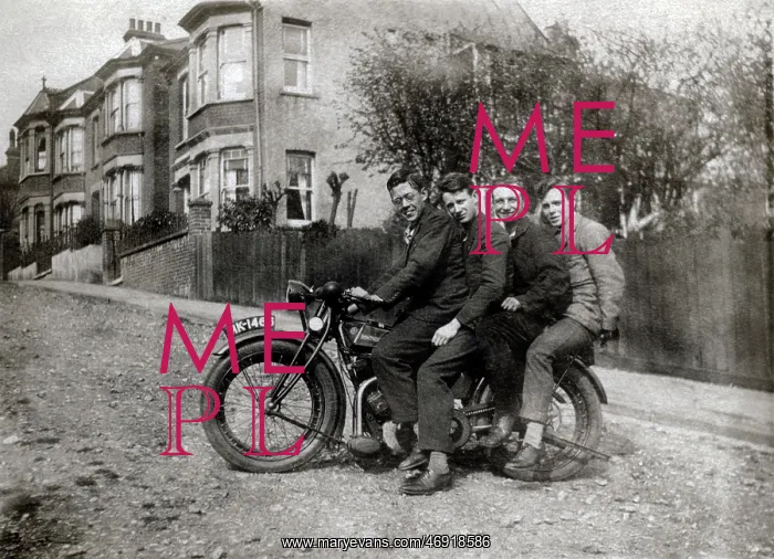 : Four men on a 1923 Rudge motorcycle : Four men on a 1923 Rudge motorcycle