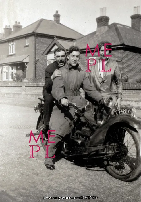 : Two men on 1925 Neracar motorcycle : Two men on 1925 Neracar motorcycle