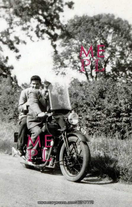 : Two men on 1935 Velocette motorcycle : Two men on 1935 Velocette motorcycle
