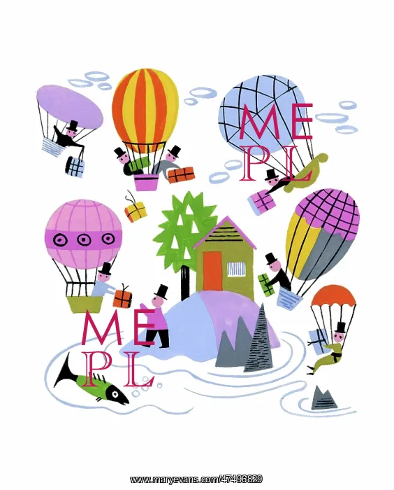 : Men in balloons with presents : Men in balloons with presents