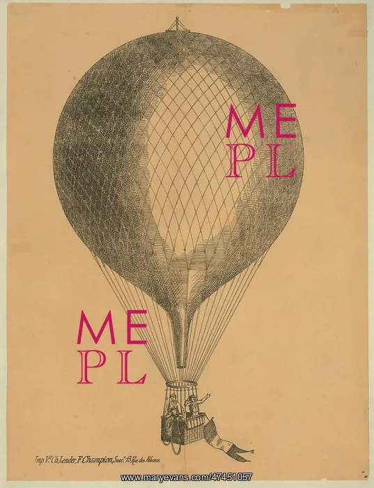 : Three men in basket of ascending balloon with flag attached : Three men in basket of ascending balloon with flag attached