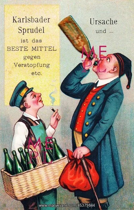 : Two men with bottles on a comic German greetings card : Two men with bottles on a comic German greetings card
