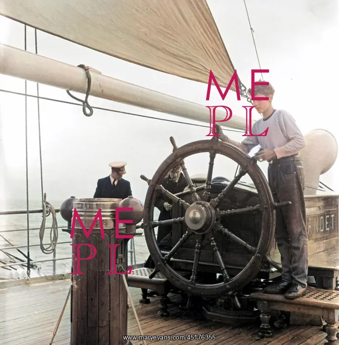 : Men and boy on deck of ship : Men and boy on deck of ship