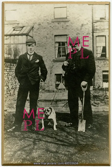  : Two men with bulldog in a back garden