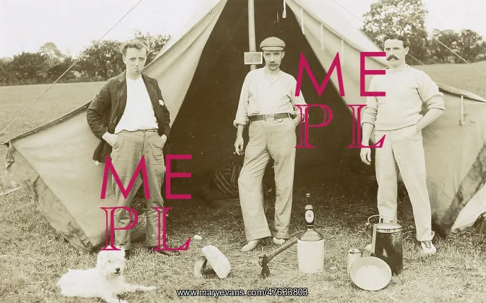  : Three men camping with a dog
