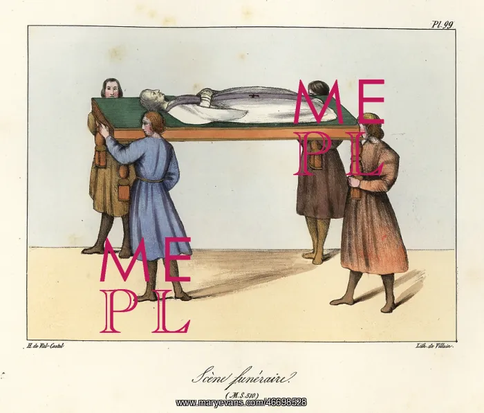: Four men carrying a dead body on a bier, funeral : Four men carrying a dead body on a bier, funeral
