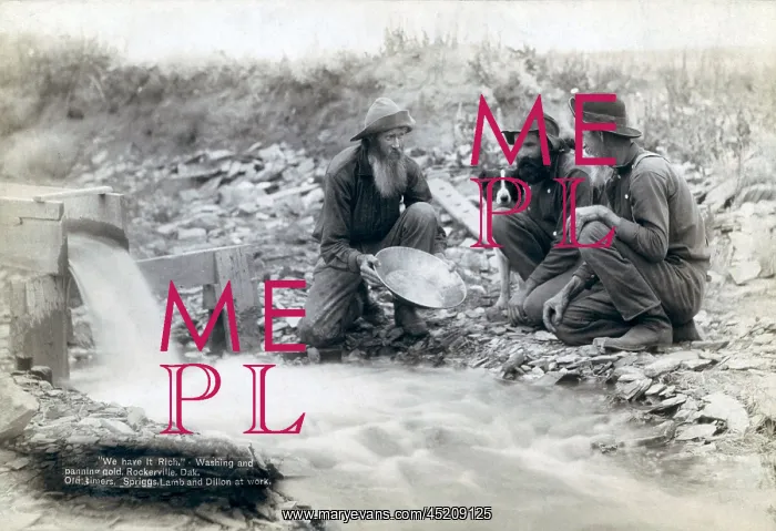 : Three men, with dog, panning for gold in ? : Three men, with dog, panning for gold in ?