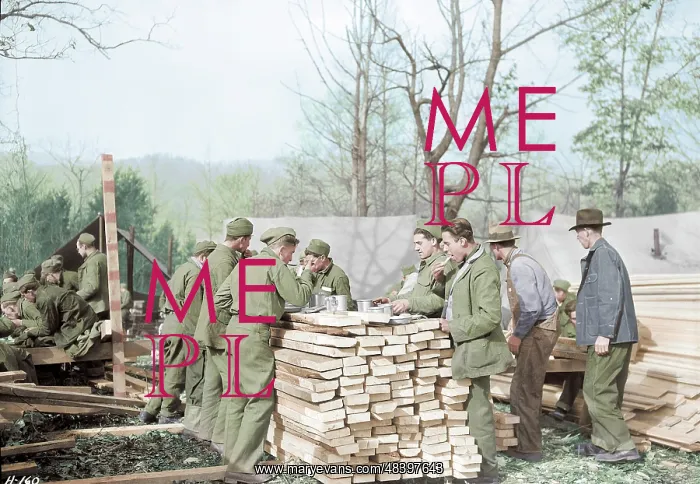: Men eating outdoors at a Civilian Conservation : Men eating outdoors at a Civilian Conservation