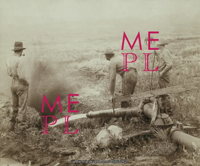 : Three men engaged in hydraulic gold mining in Rockerville : Three men engaged in hydraulic gold mining in Rockerville