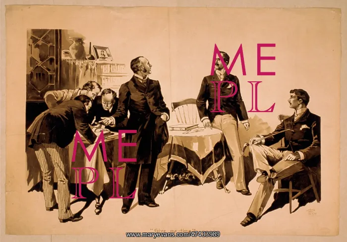 : Men examining ledgers with two men to side, one wearing expr : Men examining ledgers with two men to side, one wearing expr