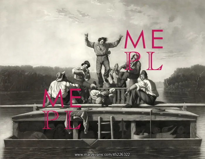 : Men on flatboat in river, playing musical ? : Men on flatboat in river, playing musical ?