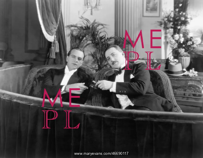 : Two men in formal attire sitting together in a theater box : Two men in formal attire sitting together in a theater box