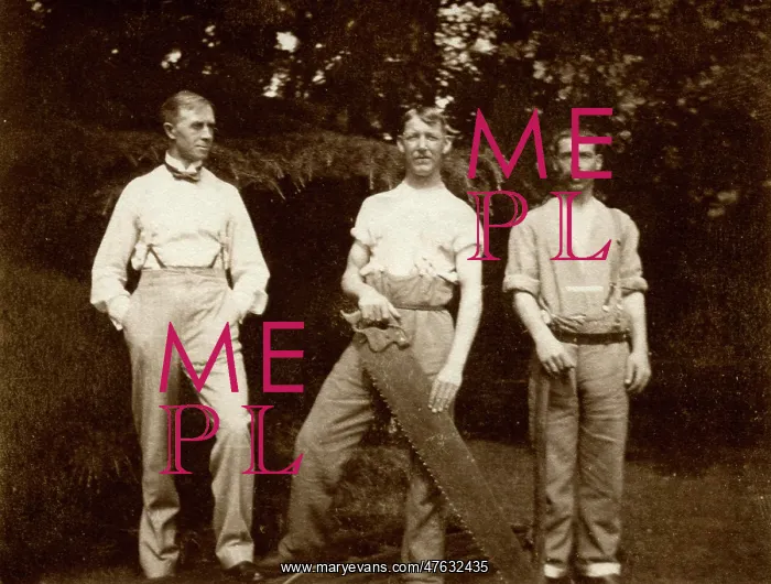 : Three men in the gardens of Quex House, with saw : Three men in the gardens of Quex House, with saw
