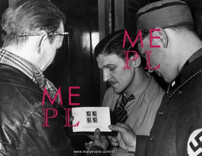 : Men with a Hitler stamp, 1937 : Men with a Hitler stamp, 1937