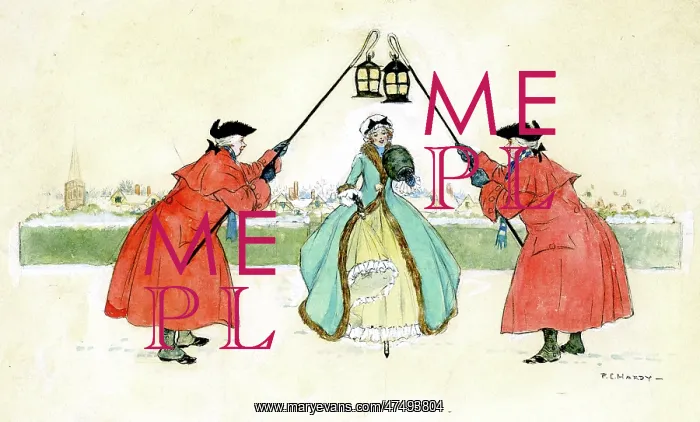 : Two men holding lanterns over a lady : Two men holding lanterns over a lady