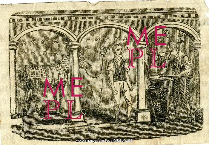  : Two men and a horse in a blacksmith's forge