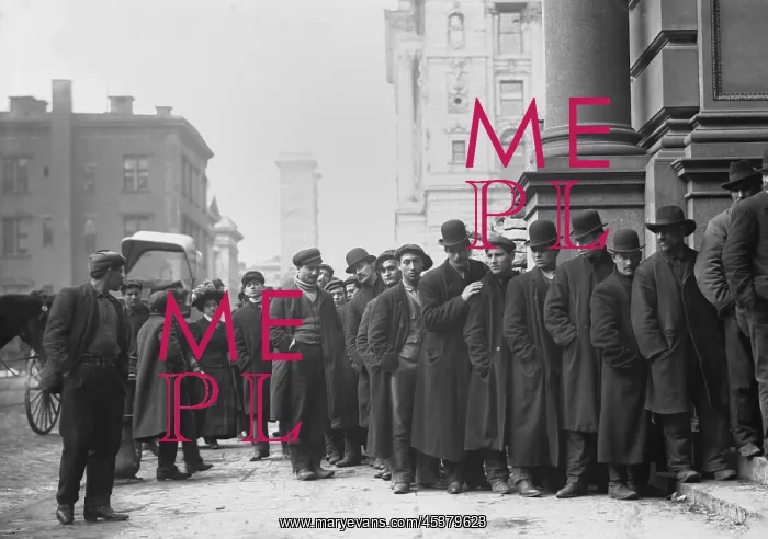 : Men lined up seeking work as snow shovelers : Men lined up seeking work as snow shovelers