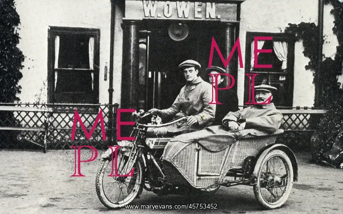: Three men in a motorbike and sidecar : Three men in a motorbike and sidecar