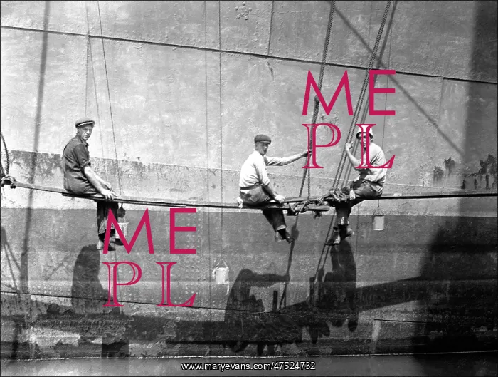 : Men painting the side of a large boat : Men painting the side of a large boat
