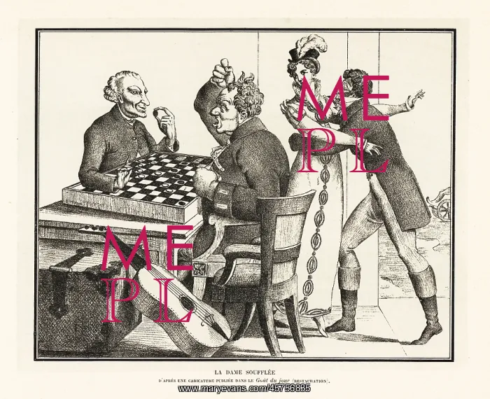 : Two men playing checkers at a table, Bourbon Restoration : Two men playing checkers at a table, Bourbon Restoration