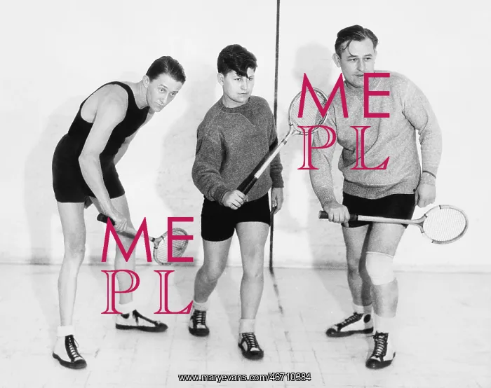 : Three men playing squash : Three men playing squash