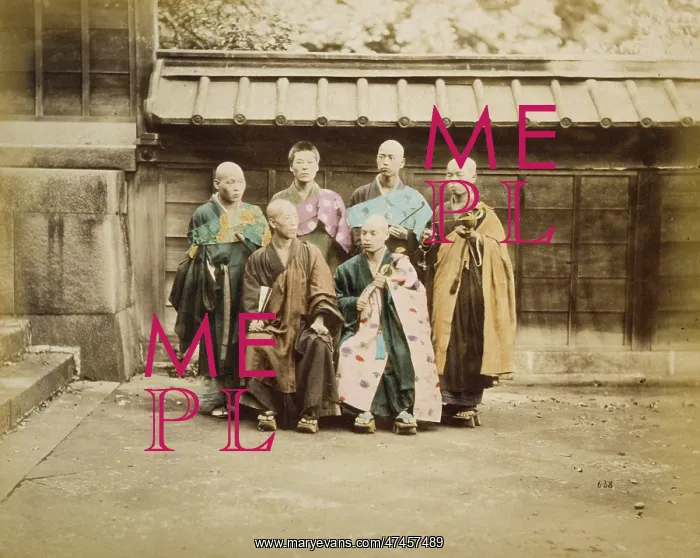 : Six men, possibly monks, posed for group portrait, four stan : Six men, possibly monks, posed for group portrait, four stan
