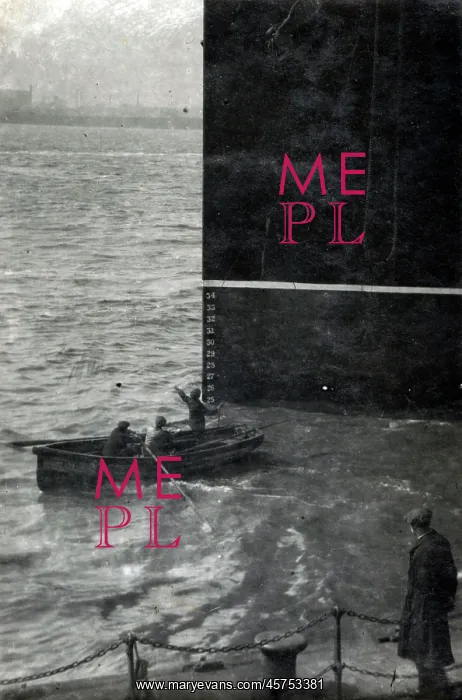 : Three men in a rowing boat dwarfed next to prow of a steamer : Three men in a rowing boat dwarfed next to prow of a steamer