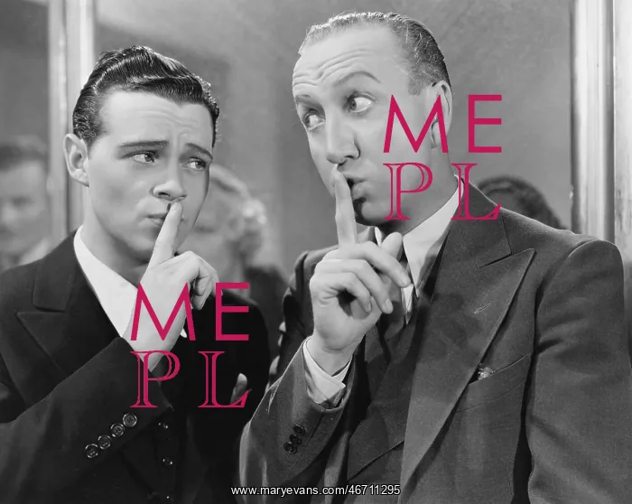 : Two men saying be quiet with finger to lips : Two men saying be quiet with finger to lips