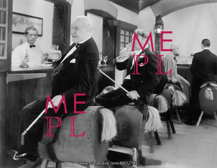 : Men sitting at a bar on horse back : Men sitting at a bar on horse back