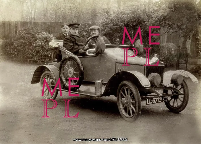 : Three men sitting in car outside Quex House : Three men sitting in car outside Quex House