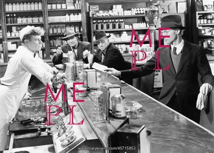 : Four men at a soda fountain : Four men at a soda fountain