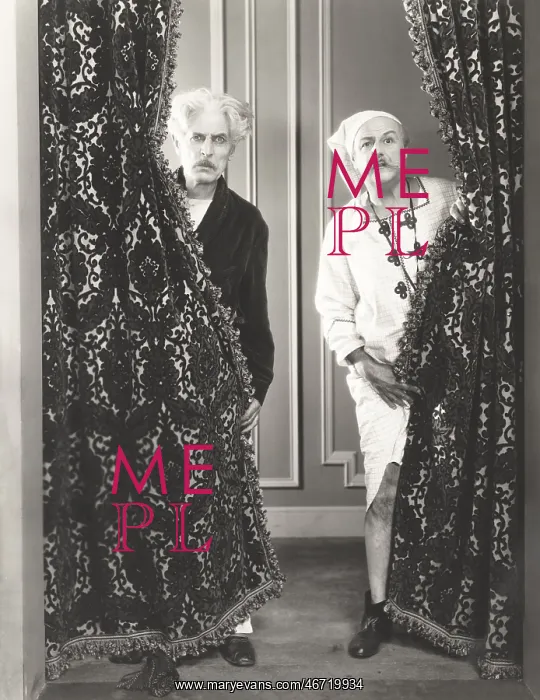  : Two men spying from behind drapes