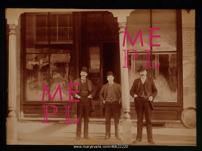 : Three men standing in front of a liquor store, Canada : Three men standing in front of a liquor store, Canada