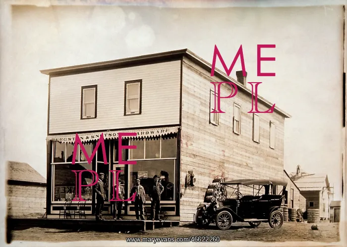 : Four men standing outside a hardware store : Four men standing outside a hardware store