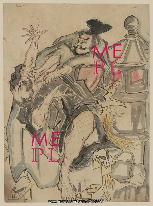 : Two men struggling next to a stone lantern, upsetting a teap : Two men struggling next to a stone lantern, upsetting a teap