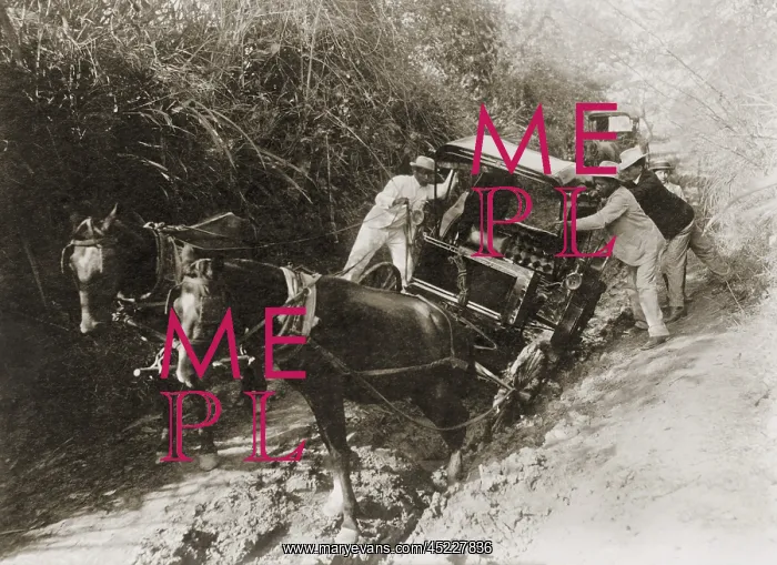 : Three men in suits push a horse-drawn carriage ? : Three men in suits push a horse-drawn carriage ?