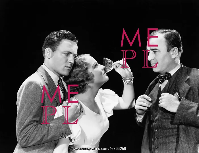 : Two men supporting a woman drinking : Two men supporting a woman drinking